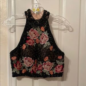 Sherri Hill Black Pink Sequin Embellished Crop Tank